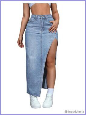High Slit Denim Maxi Skirt Long Pencil Jean Skirt